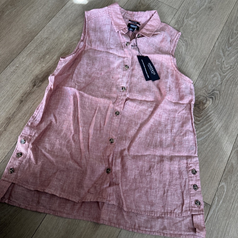 Jones & Co NY Red 100% Linen‎ Sleeveless Button Up Collared Shirt Women's L